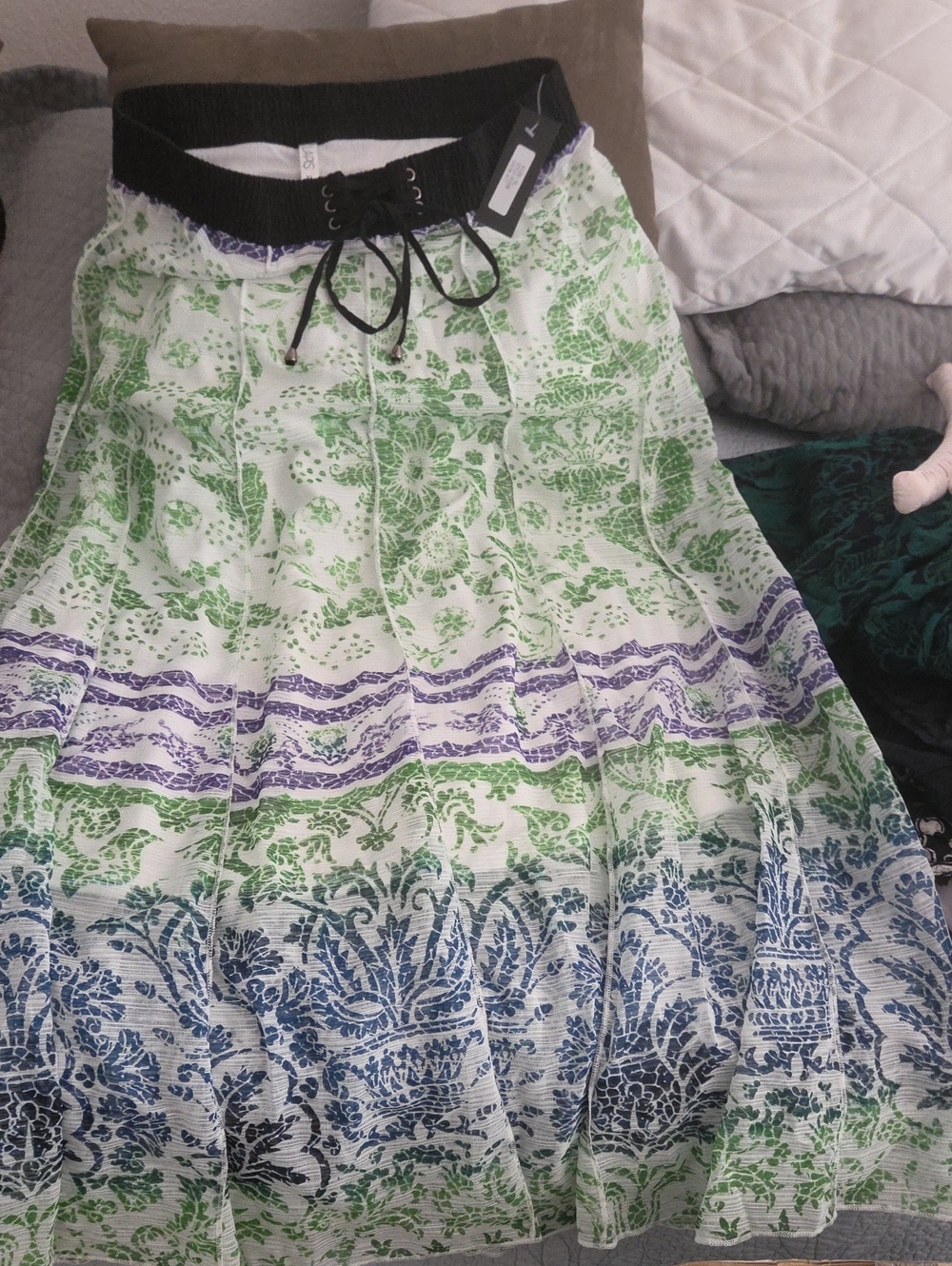 Lapis Green and Blue Printed Midi Skirt with Black Waistband